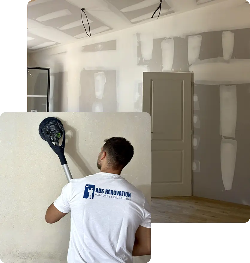 Artisan d'ADS Rénovation en train de poncer et lisser des murs intérieurs en placo
