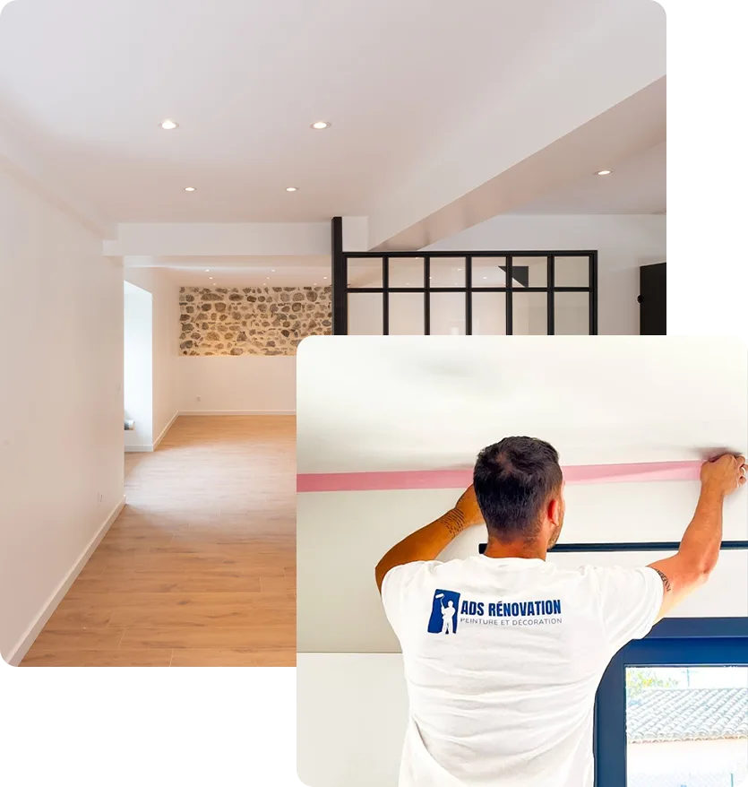 Artisan peintre d'ADS Rénovation en train de peindre un mur intérieur avec résultat final de rénovation