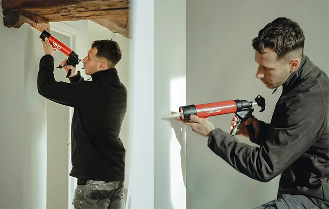 Artisans d'ADS Rénovation en train d'appliquer des finitions sur murs intérieurs