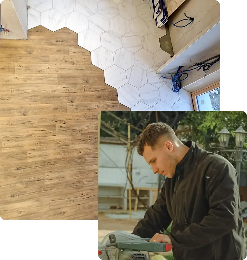 Artisan carreleur d'ADS Rénovation en train de découper et poser du carrelage hexagonal effet marbre