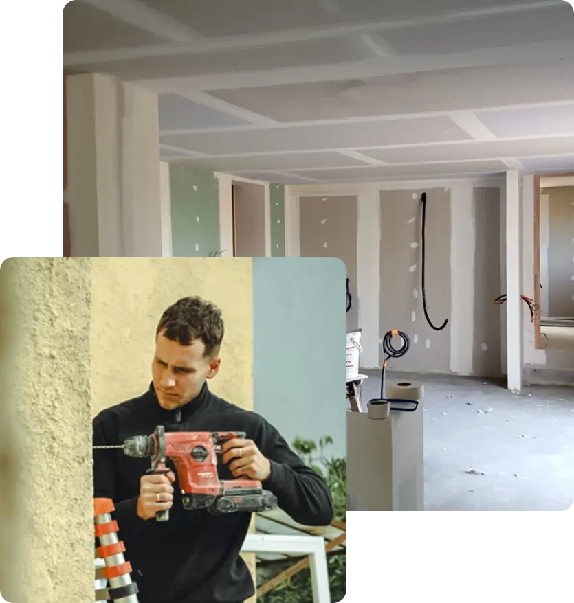 Artisan peintre en bâtiment d'ADS Rénovation en train de poser des cloisons sèches en plaques de plâtre