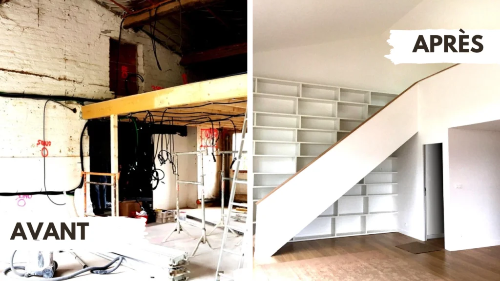 Rénovation avant/après à Cannes par ADS Rénovation : aménagement intérieur avec bibliothèque sur-mesure