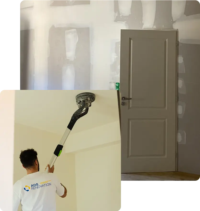 Artisan d'ADS Rénovation en train de poncer et lisser des murs intérieurs en placo
