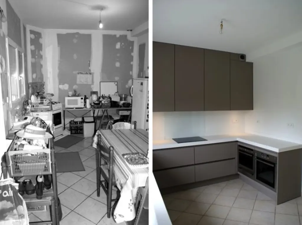 Avant après rénovation cuisine de 20m² à Cannes – vue d'ensemble avec pose des meubles hauts et bas Ixina, plan de travail et électroménager encastré par ADS Rénovation