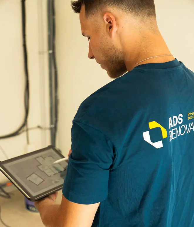 Conducteur de travaux ADS Rénovation consultant les plans de chantier sur tablette – suivi et gestion de chantier rénovation à Cannes et Le Cannet