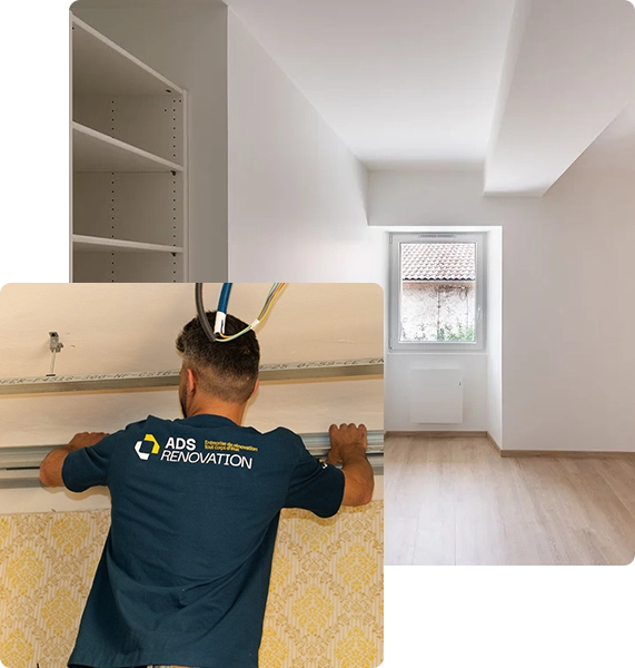 Artisan ADS Rénovation en train de rénover un appartement à Cannes — résultat final d'une pièce rénovée et pose d'ossature pour cloison sèche