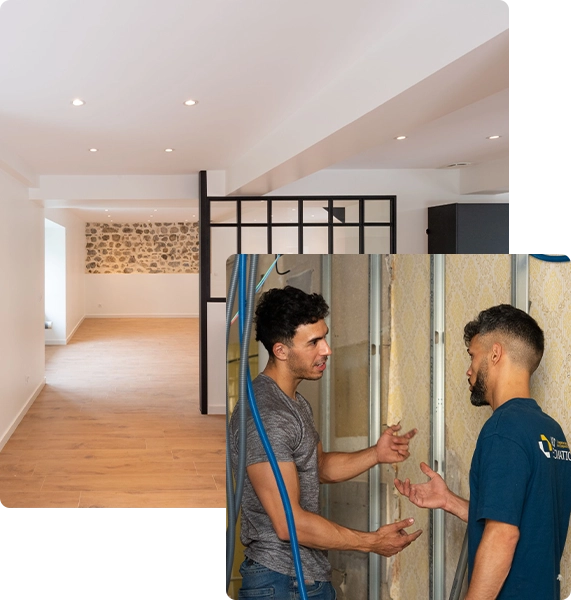 Résultat d'une rénovation complète de maison par ADS Rénovation à Cannes — pièce rénovée avec verrière et artisans en train de poser l'ossature métallique