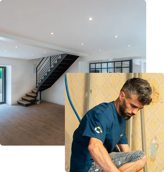 Résultat d'une rénovation de villa par ADS Rénovation à Cannes — salon rénové avec escalier métallique et verrière, artisan en train de réaliser les finitions