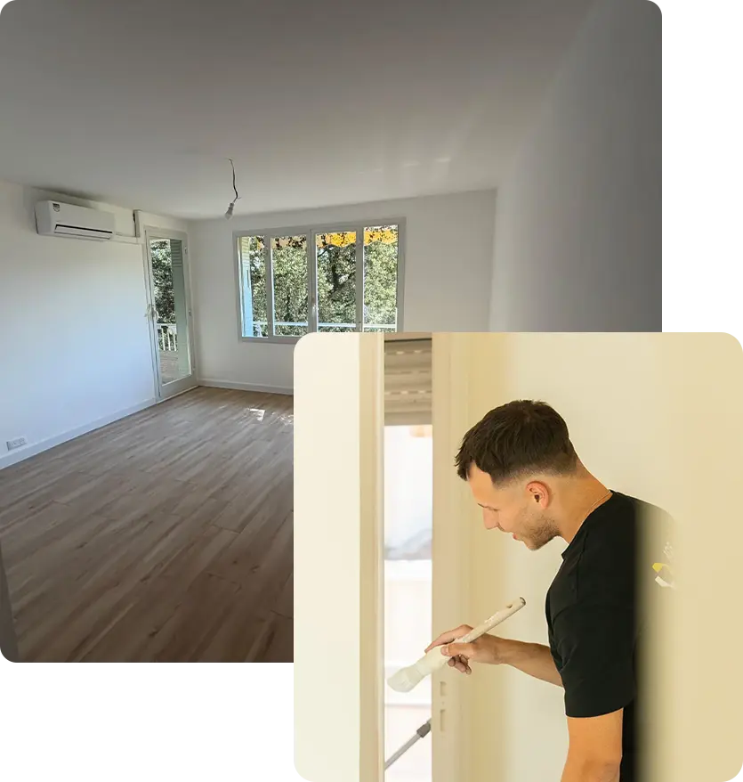 Diego, artisan rénovation, peinture d'une porte et salon rénové avec parquet, Le Cannet