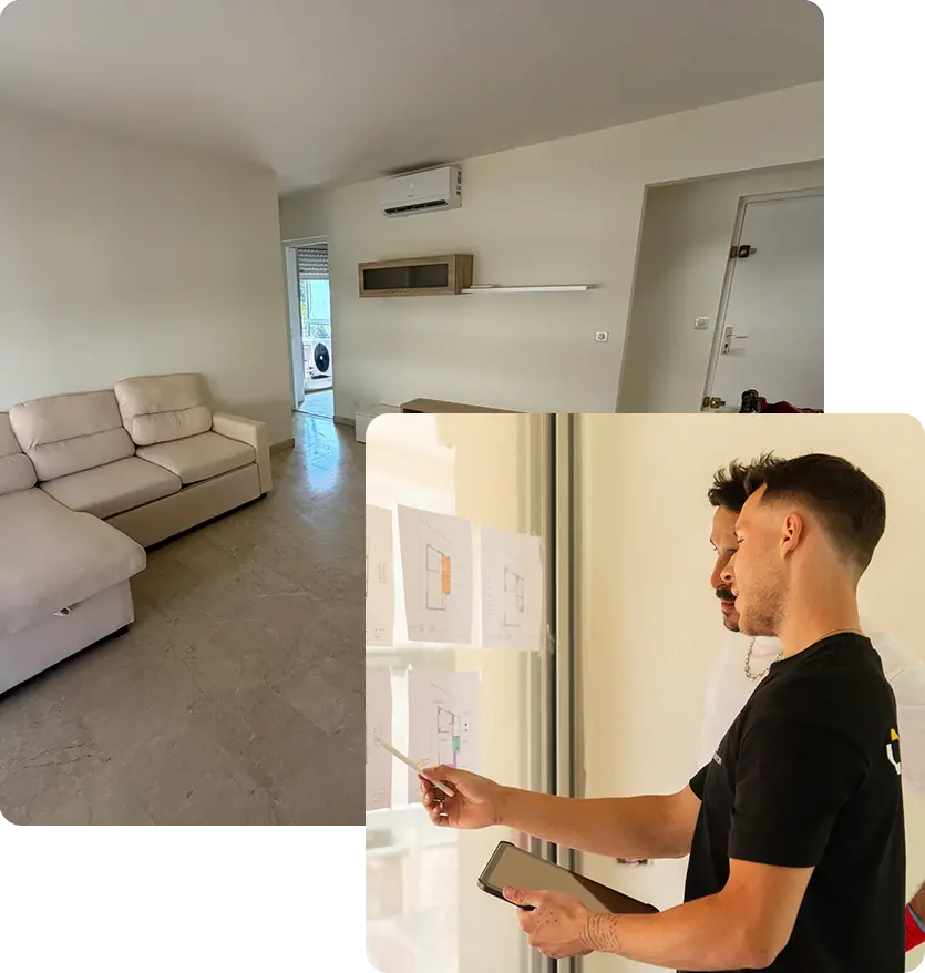 Salon rénové avec canapé d'angle, meuble TV et climatisation, appartement Petit Juas Cannes